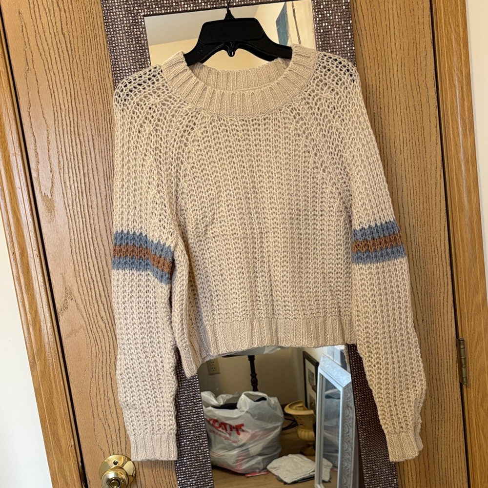 American Eagle Outfitters Cream Knit Sweater with Blue and Brown Stripes